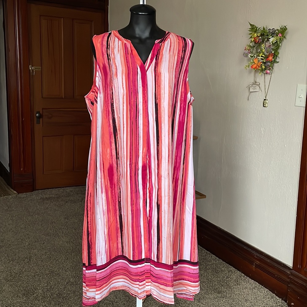 NWT Dress 18 W Apt 9 coral pink striped  sleeveless Hi low lined button Midi
